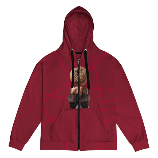 Unisex red zip-up hoodie with artistic afro-inspired design on the back, featuring bold geometric lines on a deep red background.