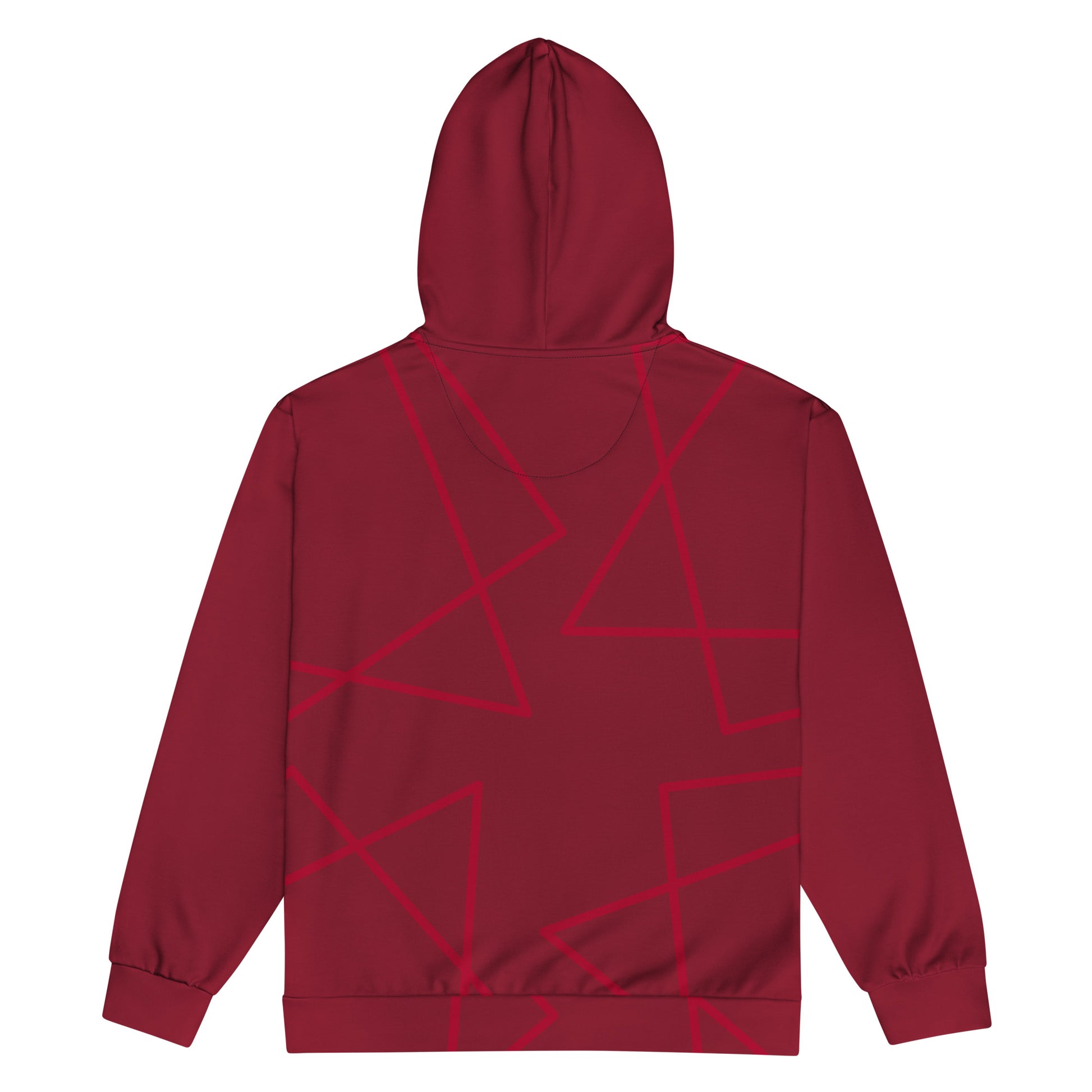 Unisex red zip-up hoodie with artistic afro-inspired design on the back, featuring bold geometric lines on a deep red background.