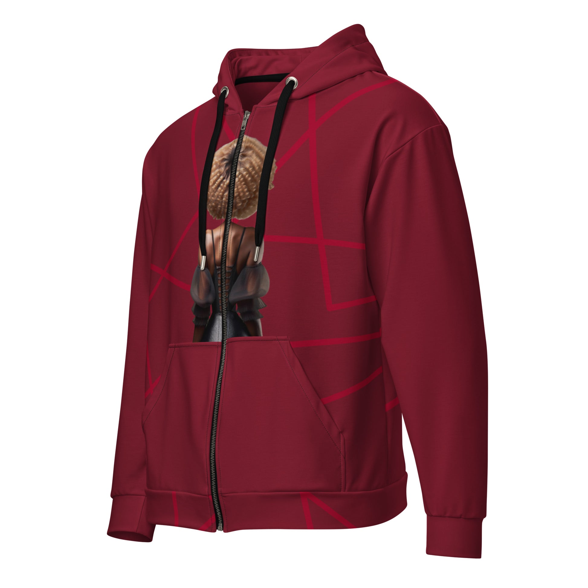 Unisex red zip-up hoodie with artistic afro-inspired design on the back, featuring bold geometric lines on a deep red background.