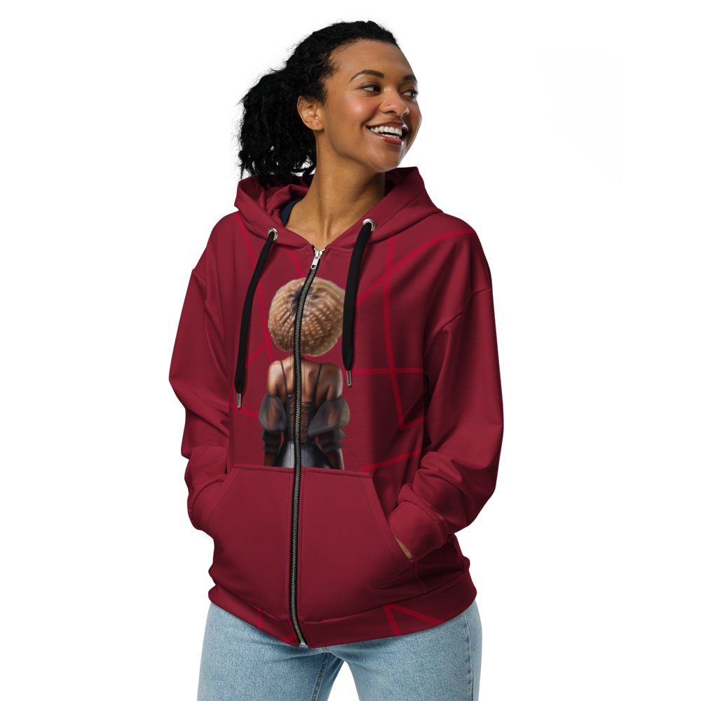 Unisex red zip-up hoodie with artistic afro-inspired design on the back, featuring bold geometric lines on a deep red background.