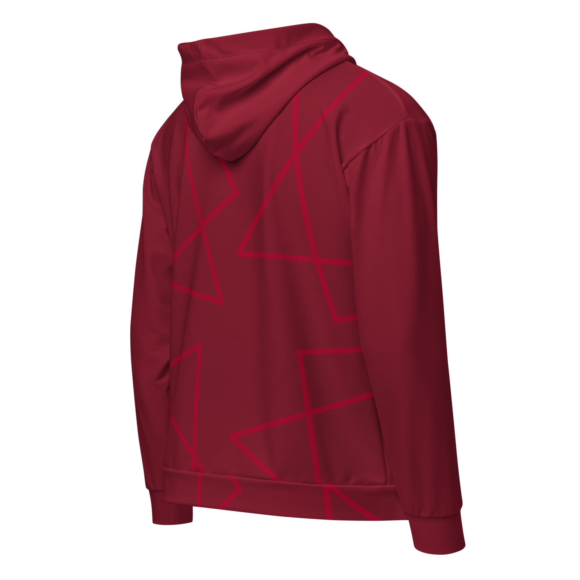 Unisex red zip-up hoodie with artistic afro-inspired design on the back, featuring bold geometric lines on a deep red background.