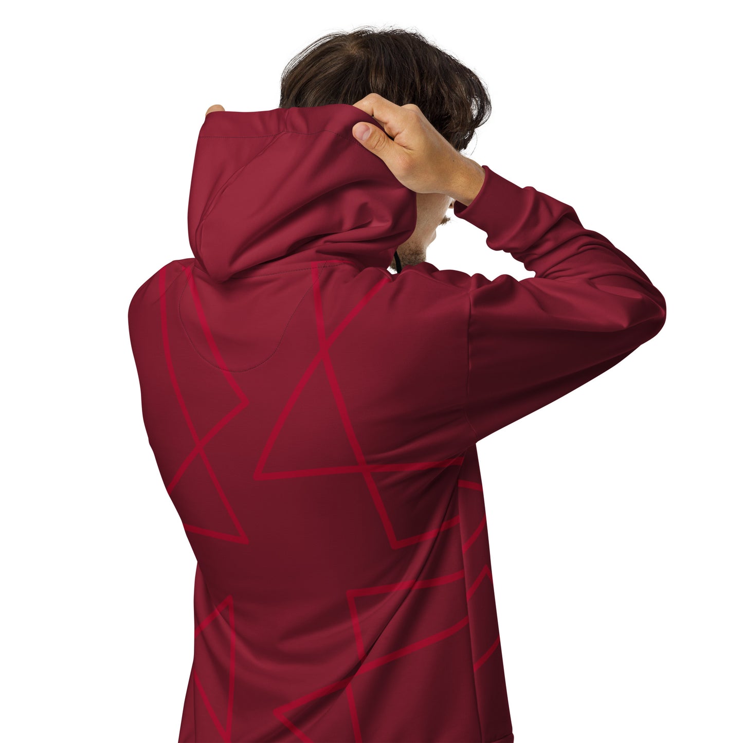 Unisex red zip-up hoodie with artistic afro-inspired design on the back, featuring bold geometric lines on a deep red background.